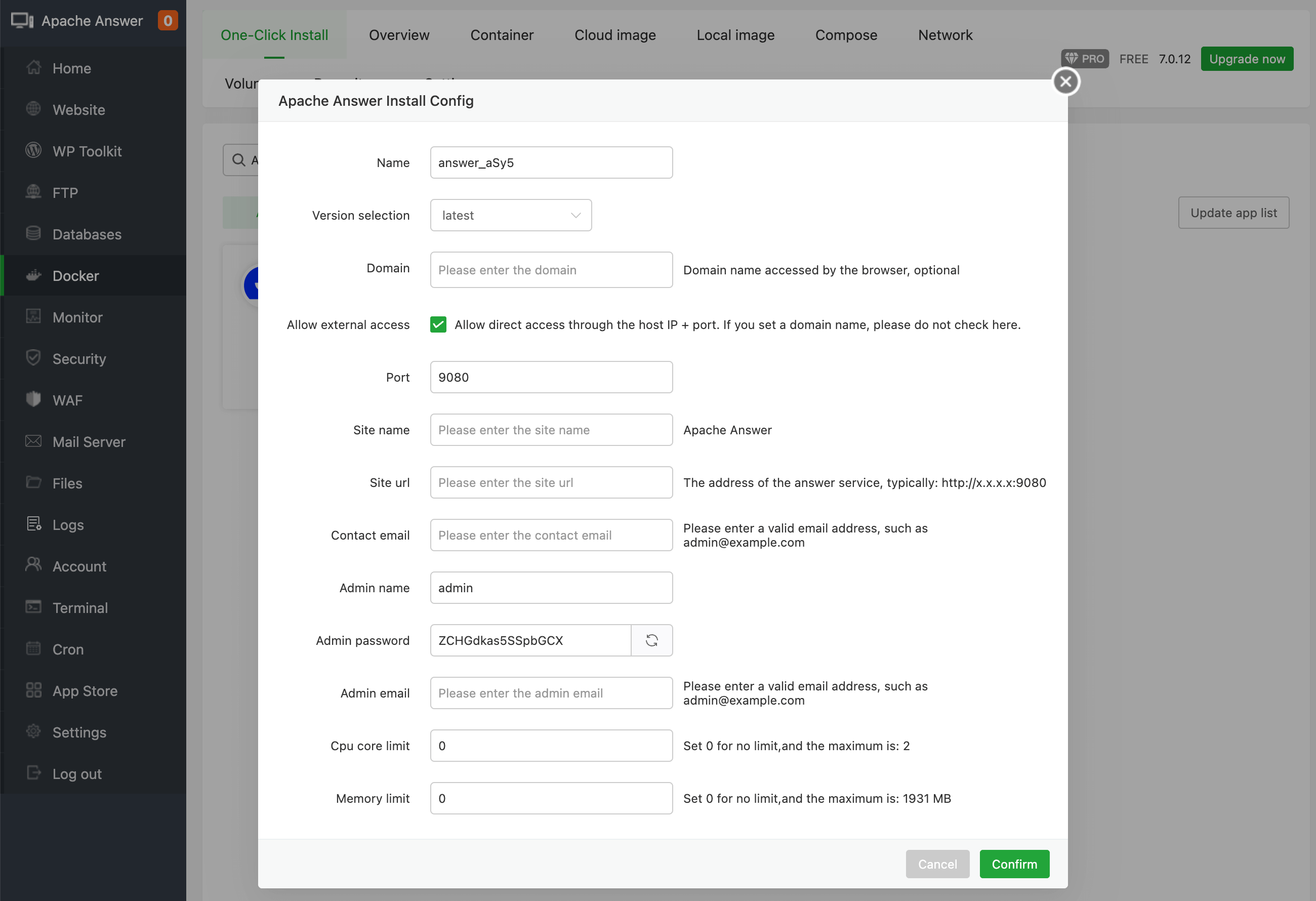 Install configuration information