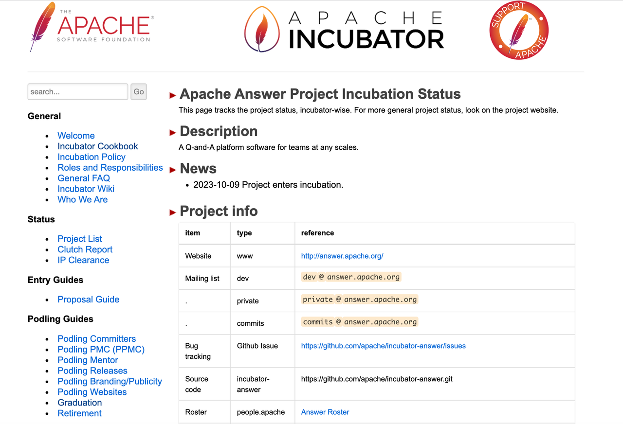 Answer Project Incubation Status in Apache Incubator