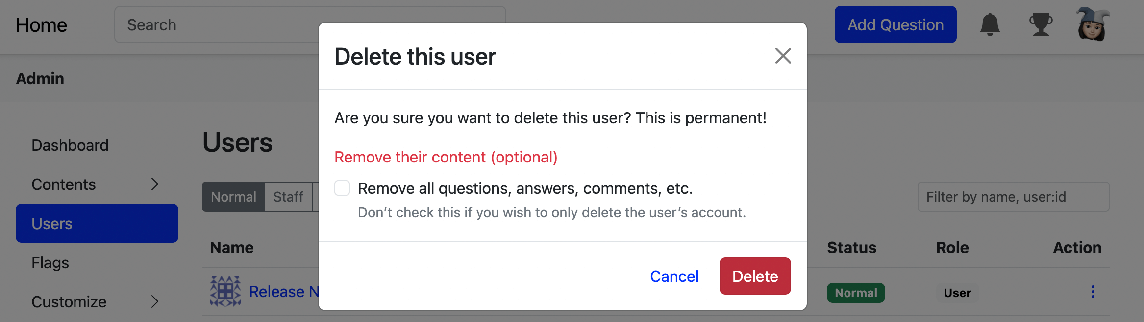 Delete User&#39;s Content Checkbox